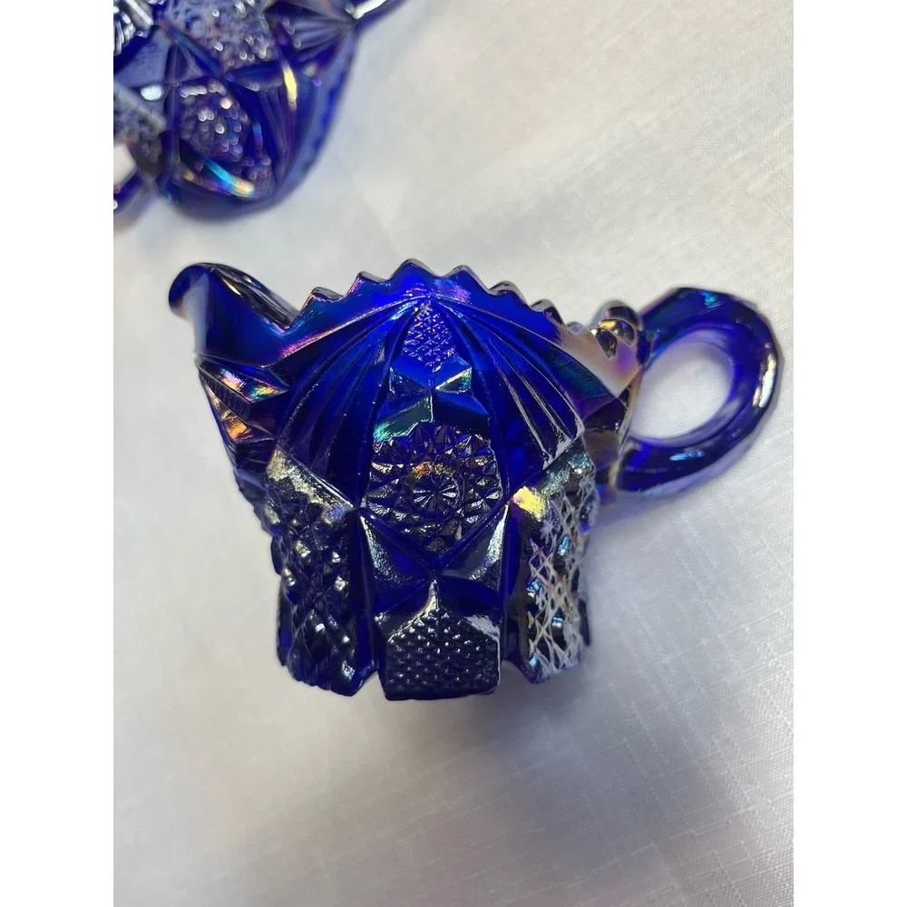 Imperial Carnival Glass Sugar Bowl Creamer Set Cobalt Blue #526 Iridescent Nucuf